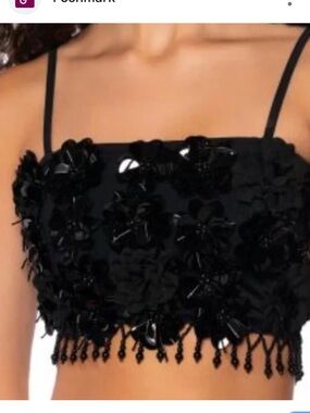 AKIRA Black Floral Appliqué Beaded Fringe Crop Top